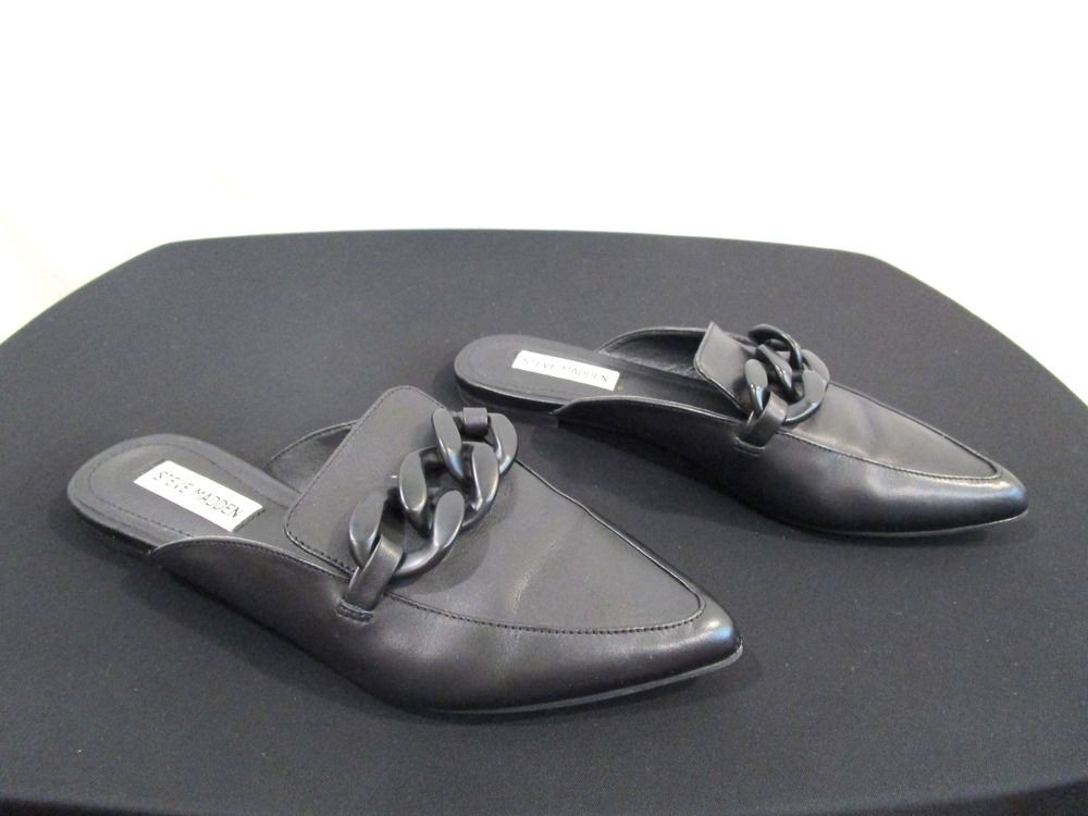 Steve Madden Fleur Black Leather Chain Point Toe Mules Shoes Women 8 M